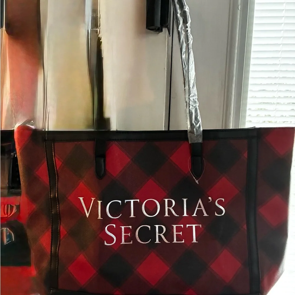 Victoria's Secret Red and Black Checkered Tote Bag
